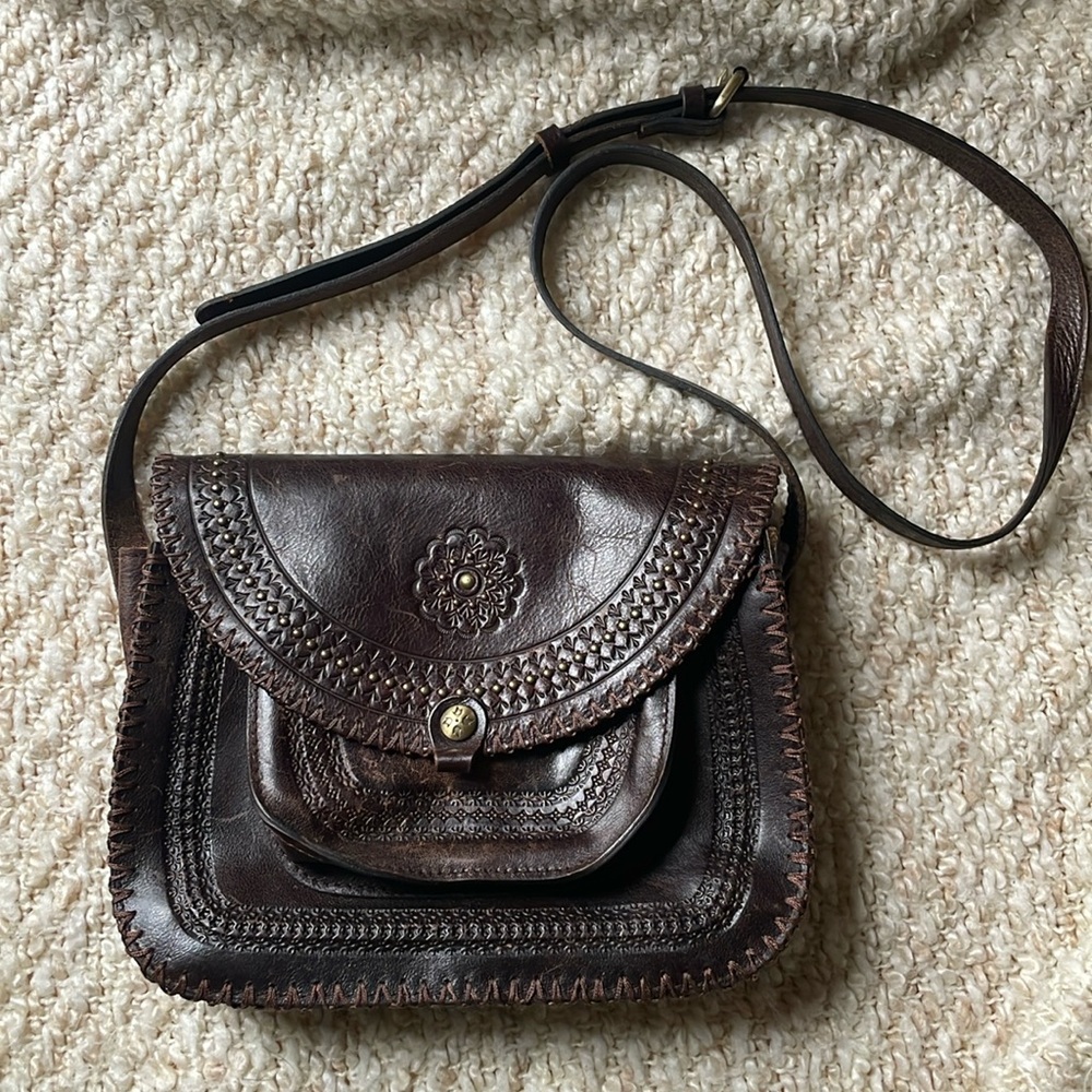Patricia Nash tooled leather dark brown adjustable Beaumont flap boho crossbody